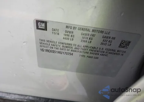 2017 Chevrolet Volt Lt z USA, uszkodzony, nr VIN 1G1RC6S51HU170794